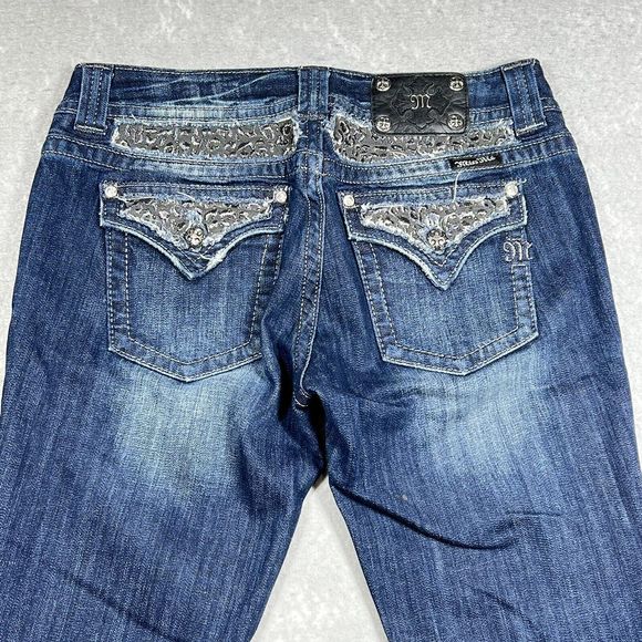 Miss Me Jeans Womens Size 29 Blue Boot Distress Jeweled Flap Pockets 3514 - Picture 2 of 15